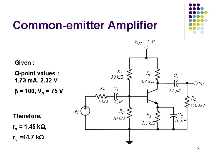 Common-emitter Amplifier VCC = 12 V Given : R 1 30 k Q-point values