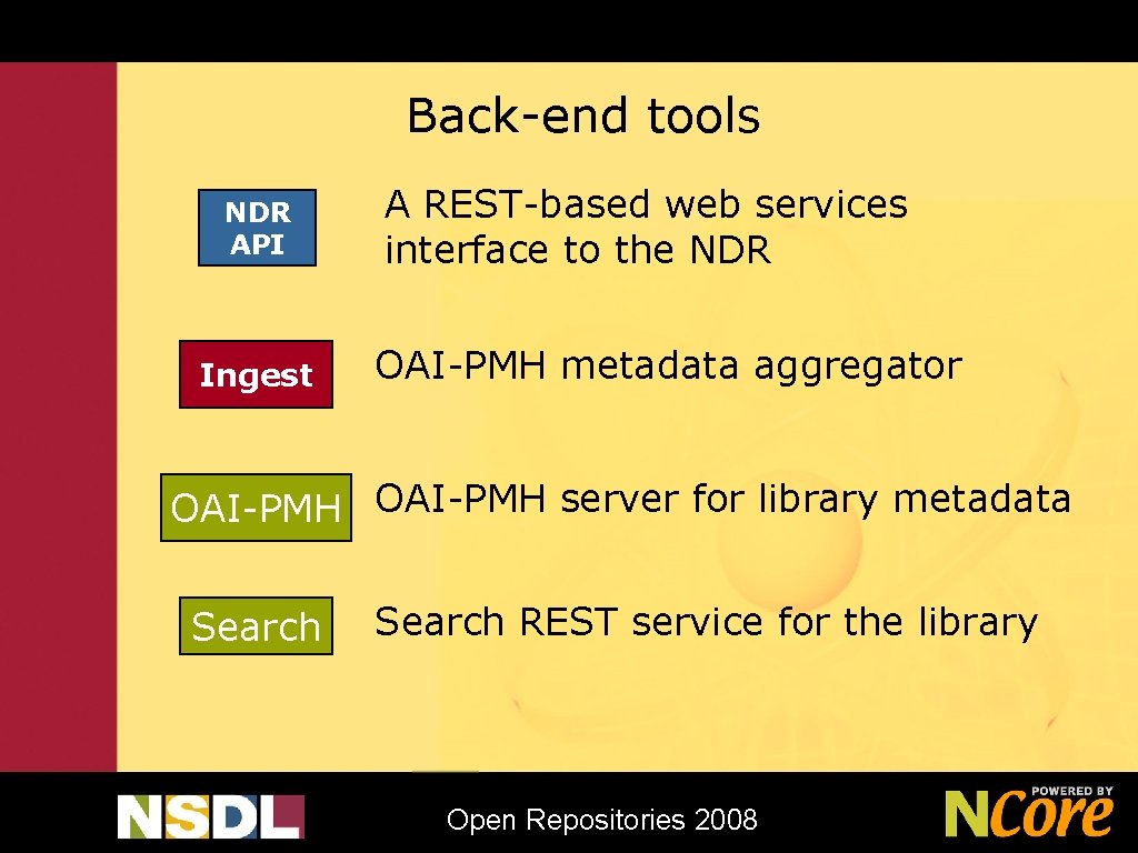 Back-end tools NDR API Ingest A REST-based web services interface to the NDR OAI-PMH