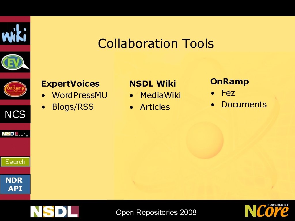 Collaboration Tools NCS Expert. Voices • Word. Press. MU • Blogs/RSS NSDL Wiki •