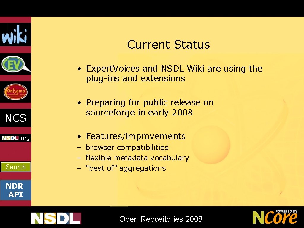 Current Status • Expert. Voices and NSDL Wiki are using the plug-ins and extensions