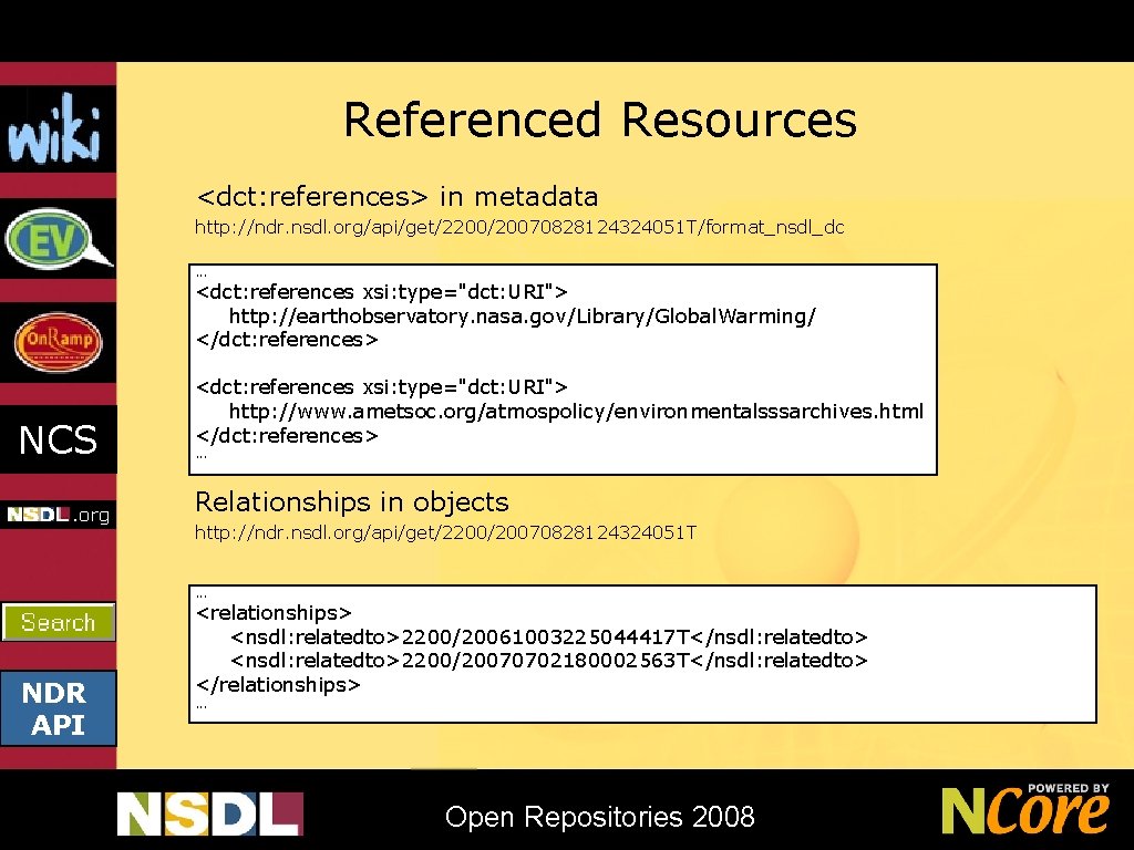 Referenced Resources <dct: references> in metadata http: //ndr. nsdl. org/api/get/2200/20070828124324051 T/format_nsdl_dc. . . <dct: