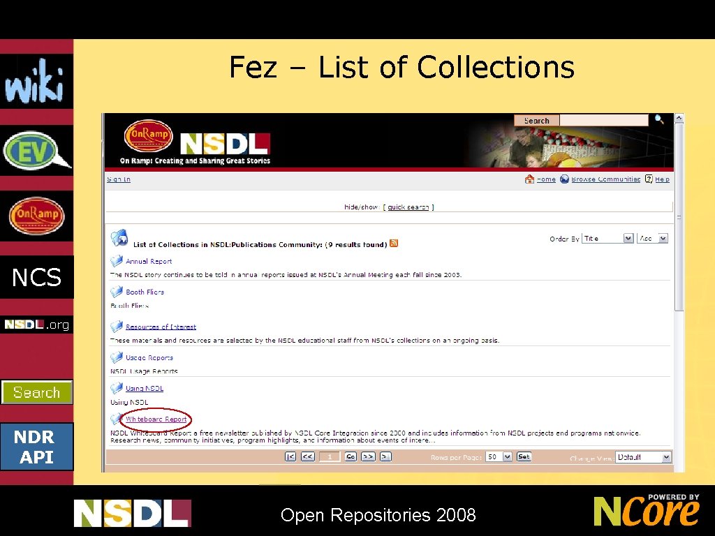 Fez – List of Collections NCS NDR API Open Repositories 2008 