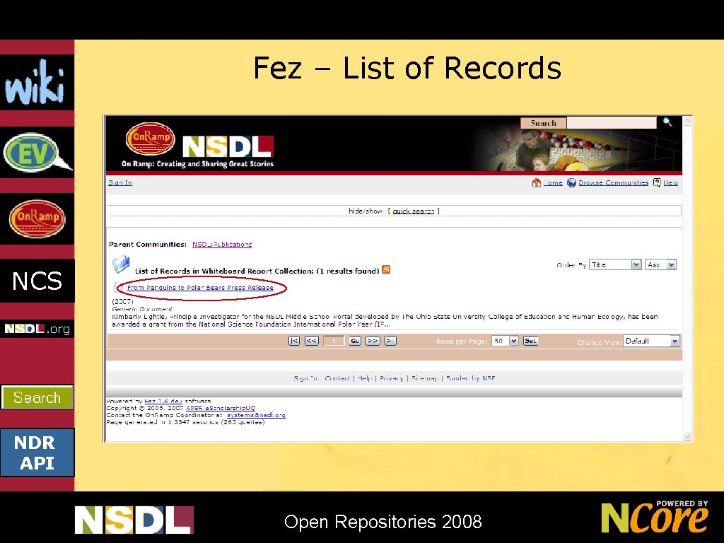 Fez – List of Records NCS NDR API Open Repositories 2008 