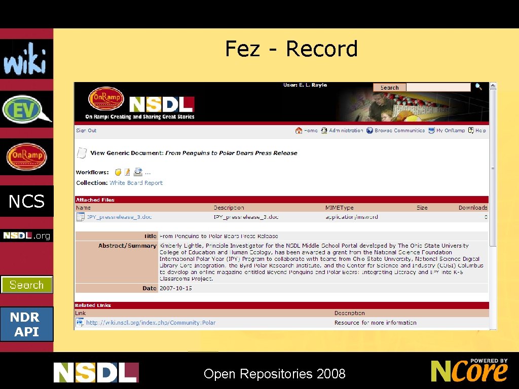 Fez - Record NCS NDR API Open Repositories 2008 