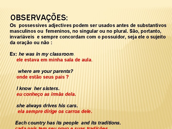 OBSERVAÇÕES: Os possessives adjectives podem ser usados antes de substantivos masculinos ou femeninos, no