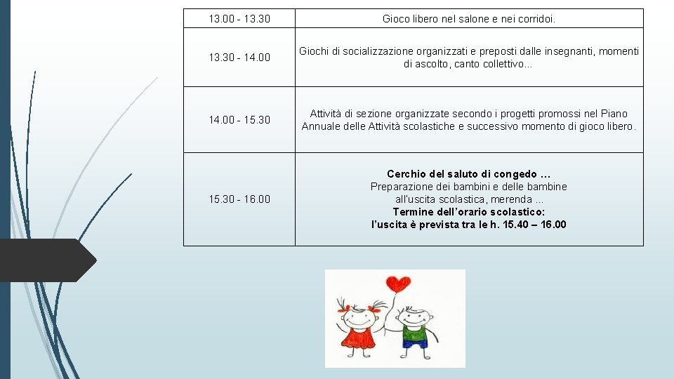 13. 00 - 13. 30 Gioco libero nel salone e nei corridoi. 13. 30