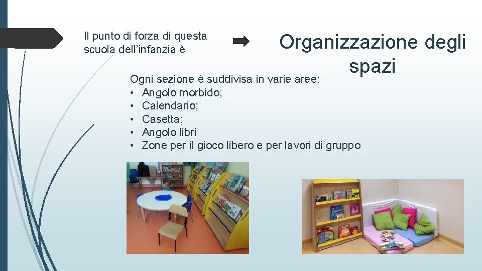 Il punto di forza di questa scuola dell’infanzia è Organizzazione degli spazi Ogni sezione