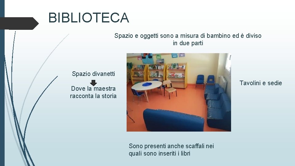 BIBLIOTECA Spazio e oggetti sono a misura di bambino ed è diviso in due