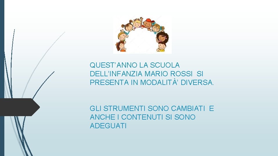 QUEST’ANNO LA SCUOLA DELL’INFANZIA MARIO ROSSI SI PRESENTA IN MODALITÀ’ DIVERSA. GLI STRUMENTI SONO