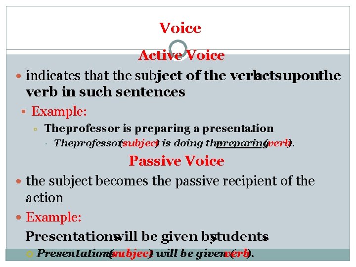 Voice Active Voice indicates that the subject of the verb acts uponthe verb in