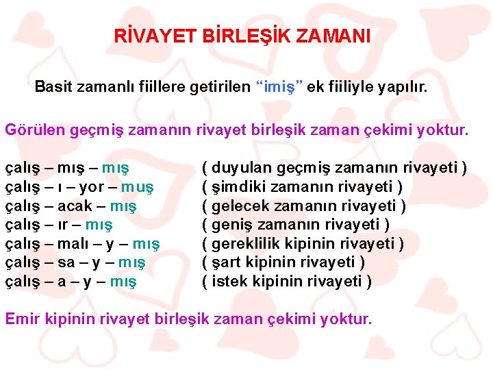 RİVAYET BİRLEŞİK ZAMANI Basit zamanlı fiillere getirilen “imiş” ek fiiliyle yapılır. Görülen geçmiş zamanın