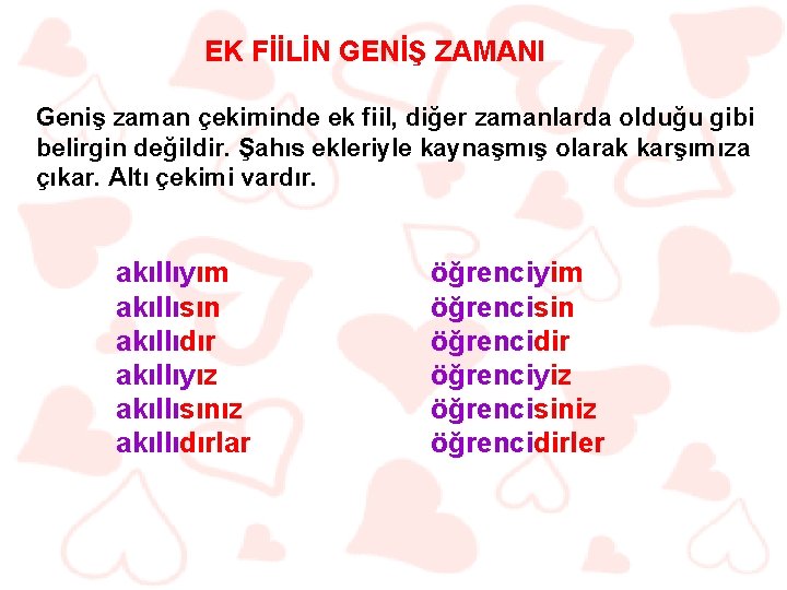 EK FİİLİN GENİŞ ZAMANI Geniş zaman çekiminde ek fiil, diğer zamanlarda olduğu gibi belirgin