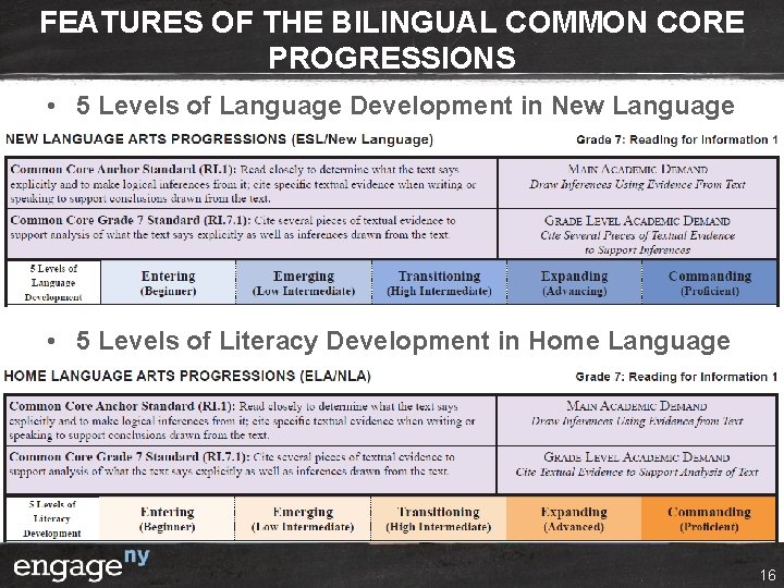 FEATURES OF THE BILINGUAL COMMON CORE PROGRESSIONS • 5 Levels of Language Development in