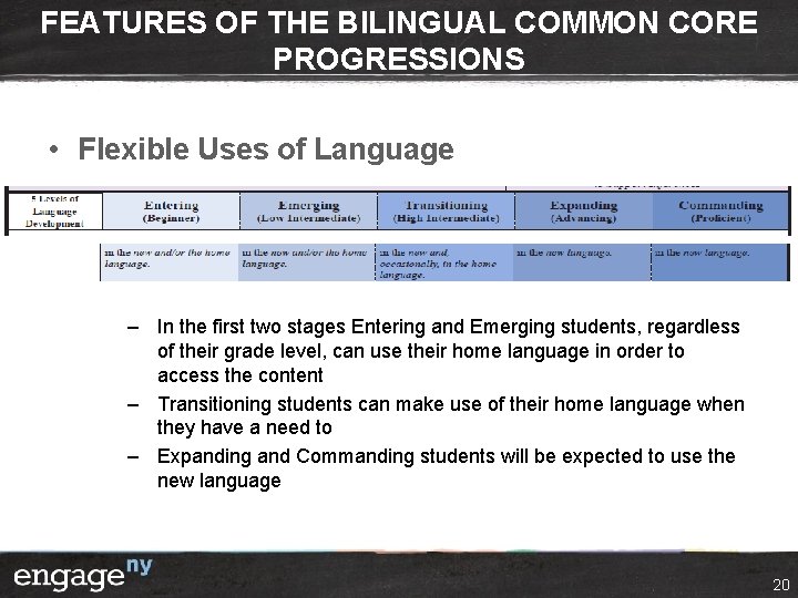 FEATURES OF THE BILINGUAL COMMON CORE PROGRESSIONS • Flexible Uses of Language – In