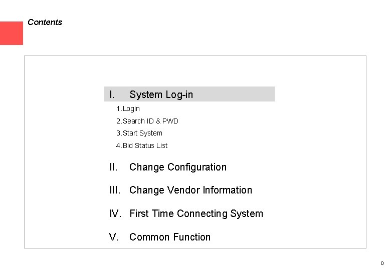 Contents I. System Log-in 1. Login 2. Search ID & PWD 3. Start System