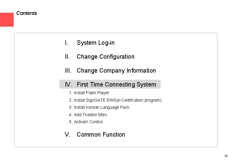 Contents I. System Log-in II. Change Configuration III. Change Company Information IV. First Time