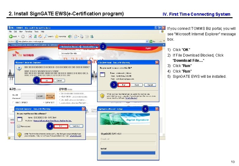 2. Install Sign. GATE EWS(e-Certification program) IV. First Time Connecting System If you connect