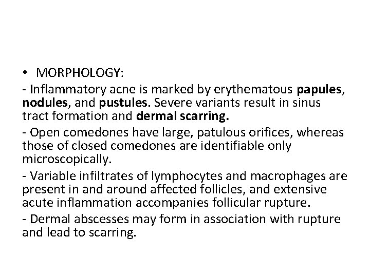  • MORPHOLOGY: - Inflammatory acne is marked by erythematous papules, nodules, and pustules.