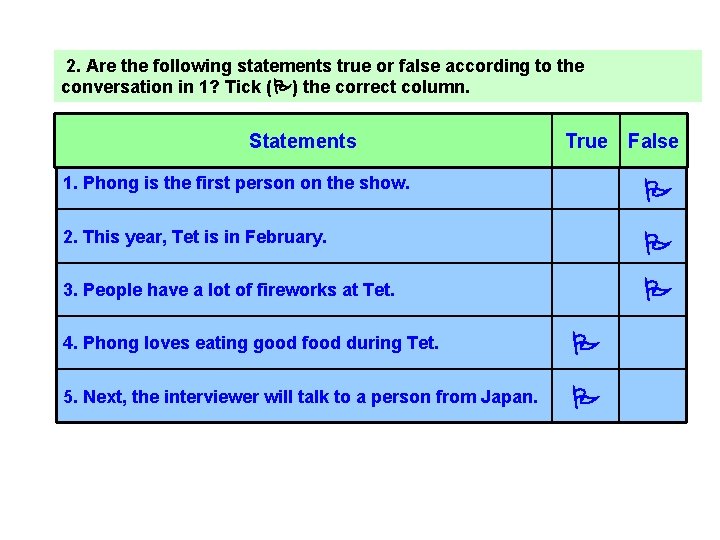 2. Are the following statements true or false according to the conversation in 1?