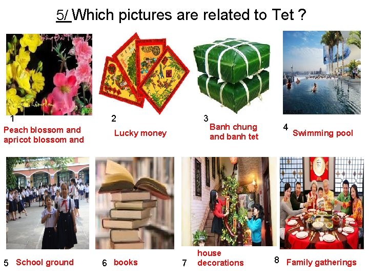 5/ Which pictures are related to Tet ? 1 Peach blossom and apricot blossom