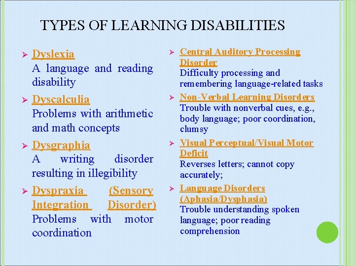TYPES OF LEARNING DISABILITIES Ø Ø Dyslexia A language and reading disability Dyscalculia Problems