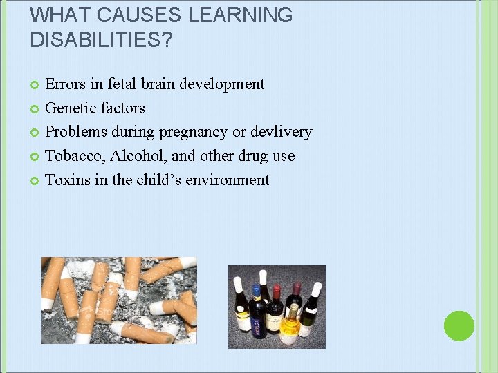 WHAT CAUSES LEARNING DISABILITIES? Errors in fetal brain development Genetic factors Problems during pregnancy