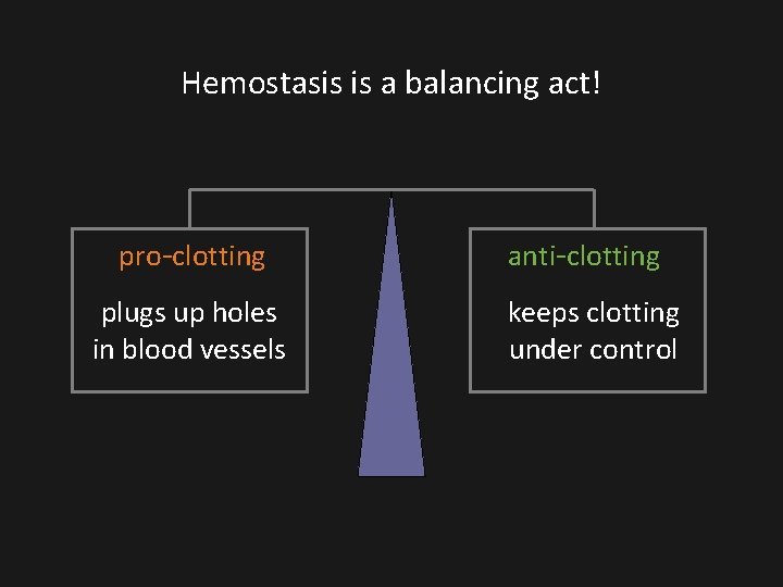 Hemostasis is a balancing act! pro-clotting plugs up holes in blood vessels anti-clotting keeps Hemostasis is a balancing act! pro-clotting plugs up holes in blood vessels anti-clotting keeps