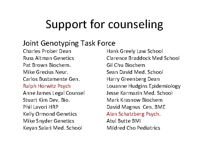 Support for counseling Joint Genotyping Task Force Charles Prober Dean Russ Altman Genetics Pat