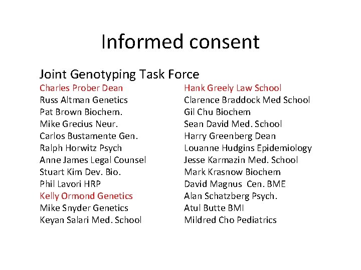 Informed consent Joint Genotyping Task Force Charles Prober Dean Russ Altman Genetics Pat Brown