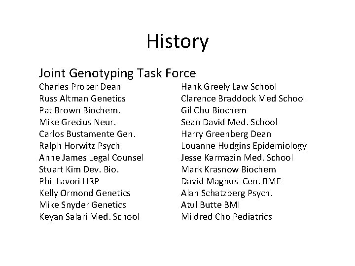 History Joint Genotyping Task Force Charles Prober Dean Russ Altman Genetics Pat Brown Biochem.