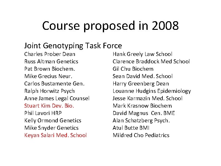 Course proposed in 2008 Joint Genotyping Task Force Charles Prober Dean Russ Altman Genetics