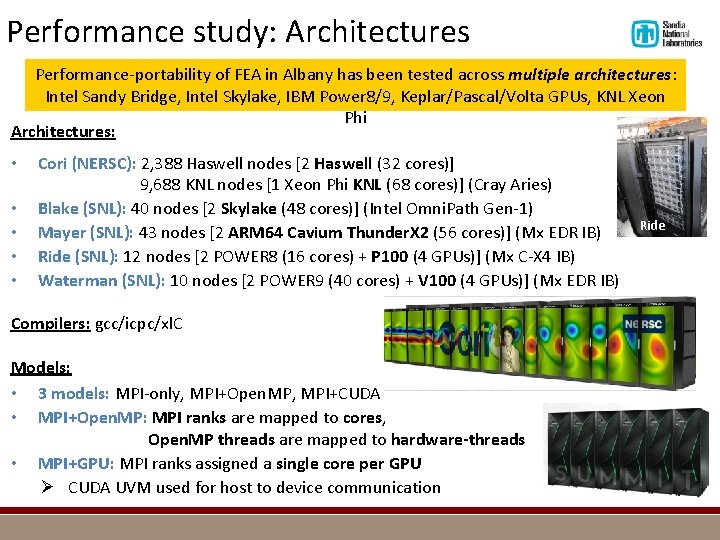 Performance study: Architectures Performance-portability of FEA in Albany has been tested across multiple architectures: