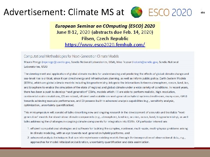 Advertisement: Climate MS at European Seminar on COmputing (ESCO) 2020 June 8 -12, 2020