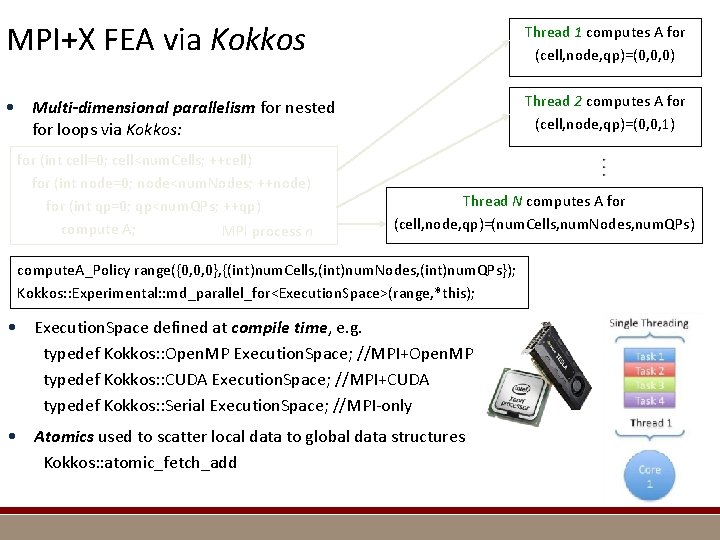 MPI+X FEA via Kokkos Thread 1 computes A for (cell, node, qp)=(0, 0, 0)