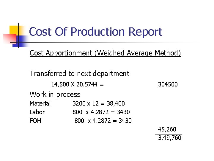 Cost Of Production Report Cost Apportionment (Weighed Average Method) Transferred to next department 14, Cost Of Production Report Cost Apportionment (Weighed Average Method) Transferred to next department 14,