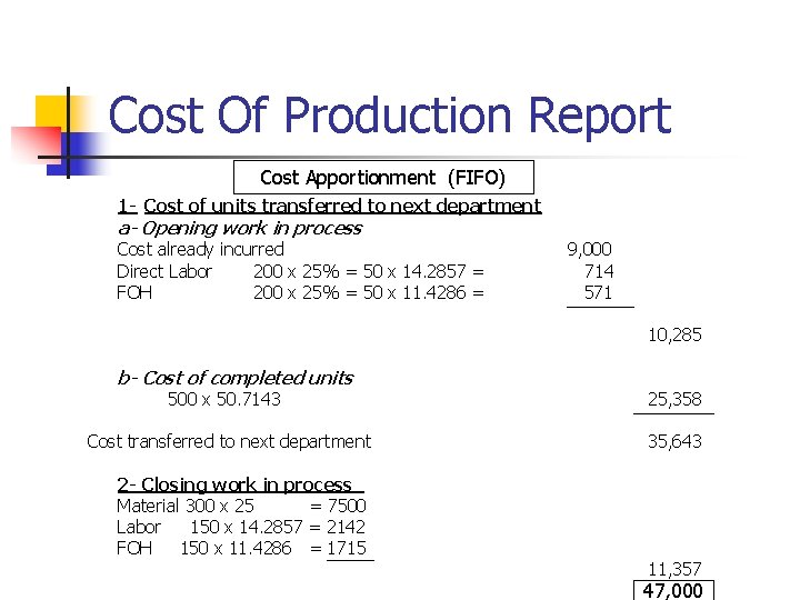 Cost Of Production Report Cost Apportionment (FIFO) 1 - Cost of units transferred to Cost Of Production Report Cost Apportionment (FIFO) 1 - Cost of units transferred to