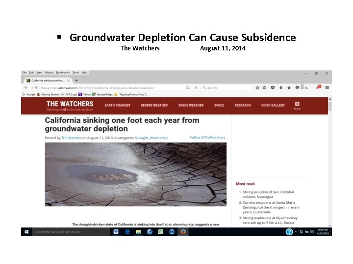 § Groundwater Depletion Cause Subsidence The Watchers August 11, 2014 