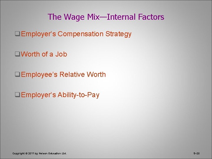 The Wage Mix—Internal Factors q. Employer’s Compensation Strategy q. Worth of a Job q.