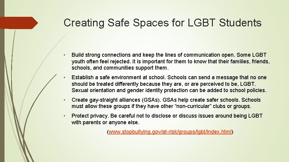 Creating Safe Spaces for LGBT Students • Build strong connections and keep the lines