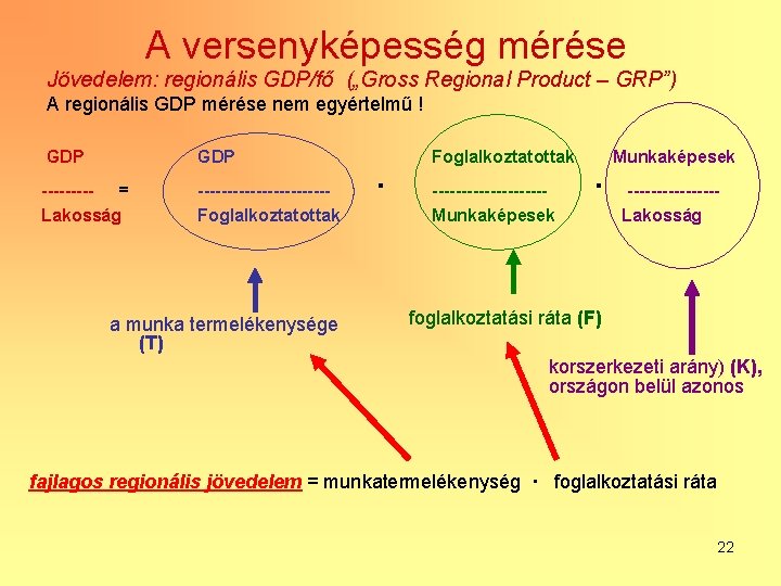 A versenyképesség mérése Jövedelem: regionális GDP/fő („Gross Regional Product – GRP”) A regionális GDP