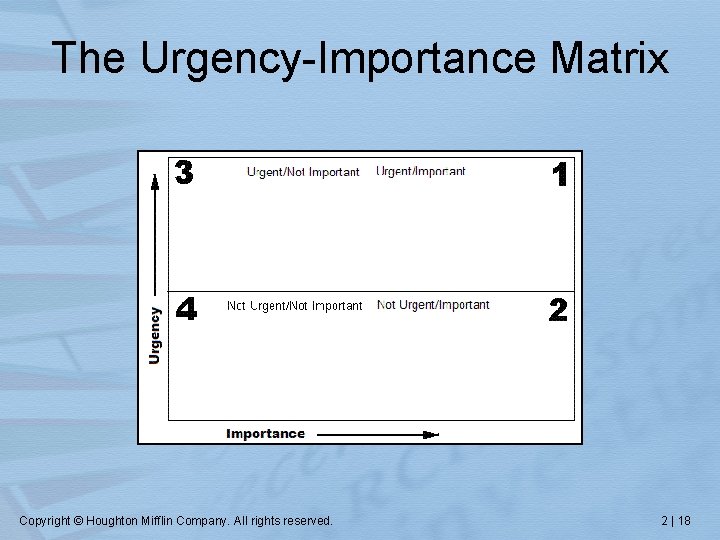 The Urgency-Importance Matrix Copyright © Houghton Mifflin Company. All rights reserved. 2 | 18