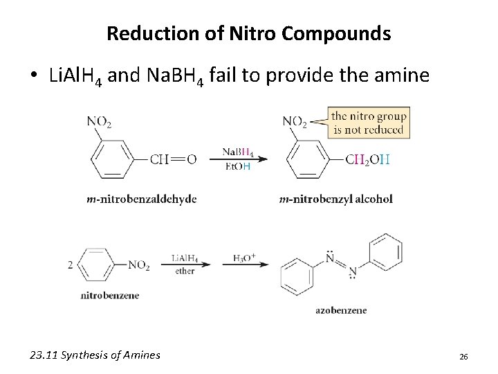 Reduction of Nitro Compounds • Li. Al. H 4 and Na. BH 4 fail