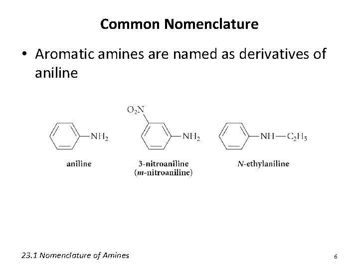 Common Nomenclature • Aromatic amines are named as derivatives of aniline 23. 1 Nomenclature