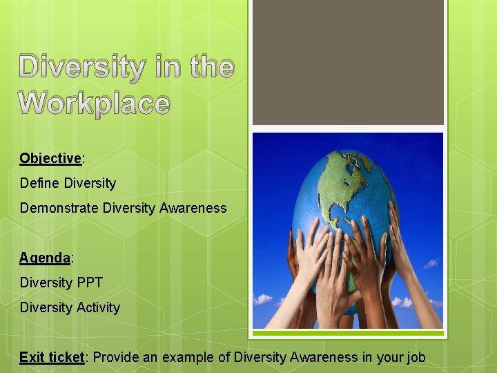 Diversity in the Workplace Objective: Define Diversity Demonstrate Diversity Awareness Agenda: Diversity PPT Diversity