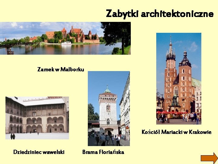 Zabytki architektoniczne Zamek w Malborku Kościół Mariacki w Krakowie Dziedziniec wawelski Brama Floriańska 