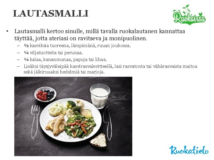 LAUTASMALLI • Lautasmalli kertoo sinulle, millä tavalla ruokalautanen kannattaa täyttää, jotta ateriasi on ravitseva