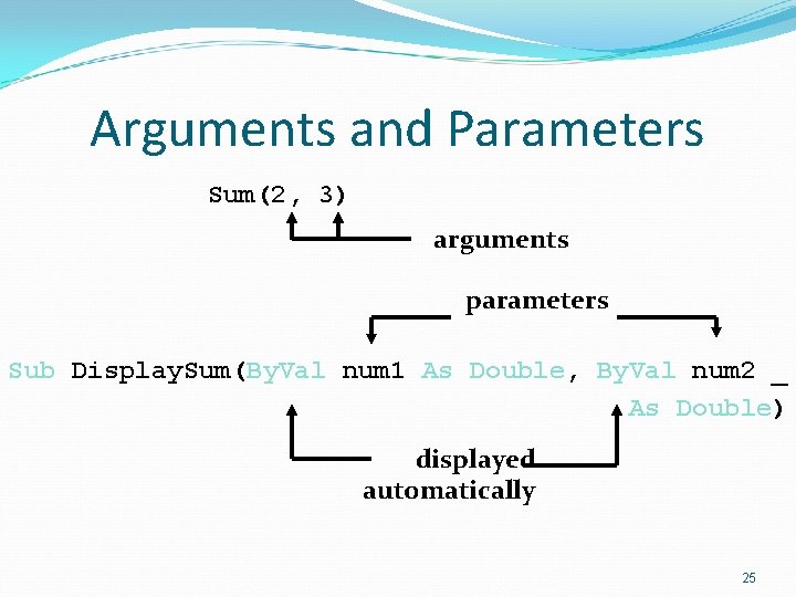 Arguments and Parameters Sum(2, 3) arguments parameters Sub Display. Sum(By. Val num 1 As