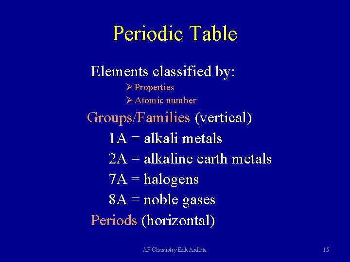 Periodic Table Elements classified by: Ø Properties Ø Atomic number Groups/Families (vertical) 1 A