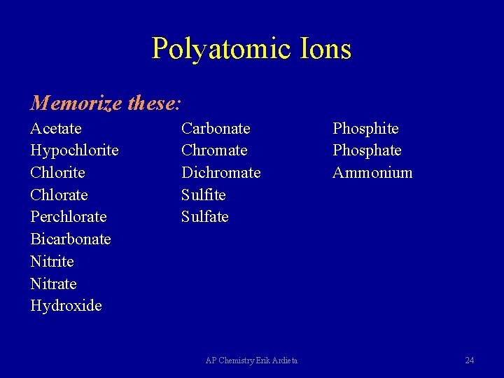 Polyatomic Ions Memorize these: Acetate Hypochlorite Chlorate Perchlorate Bicarbonate Nitrite Nitrate Hydroxide Carbonate Chromate