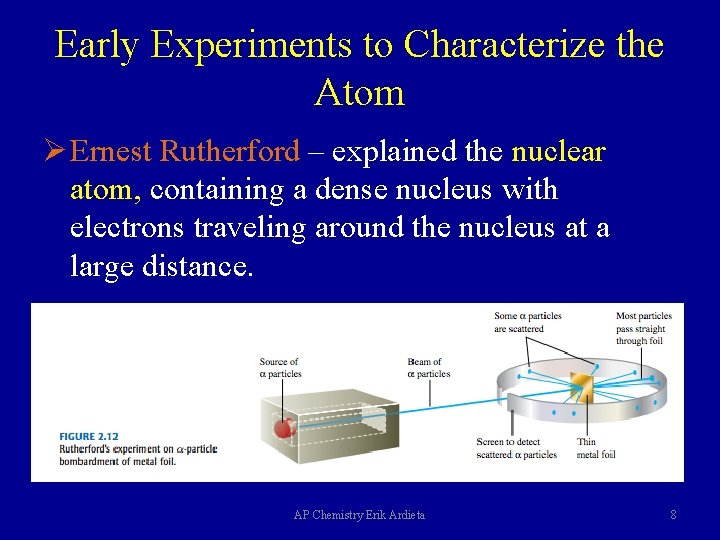 Early Experiments to Characterize the Atom Ø Ernest Rutherford – explained the nuclear atom,